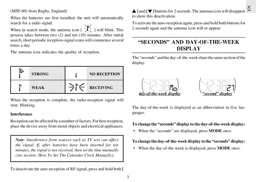 Oregon RM962 instruction manual Seconds and DAY-OF-THE-WEEK Display, Interference, Day-of-the-week display 