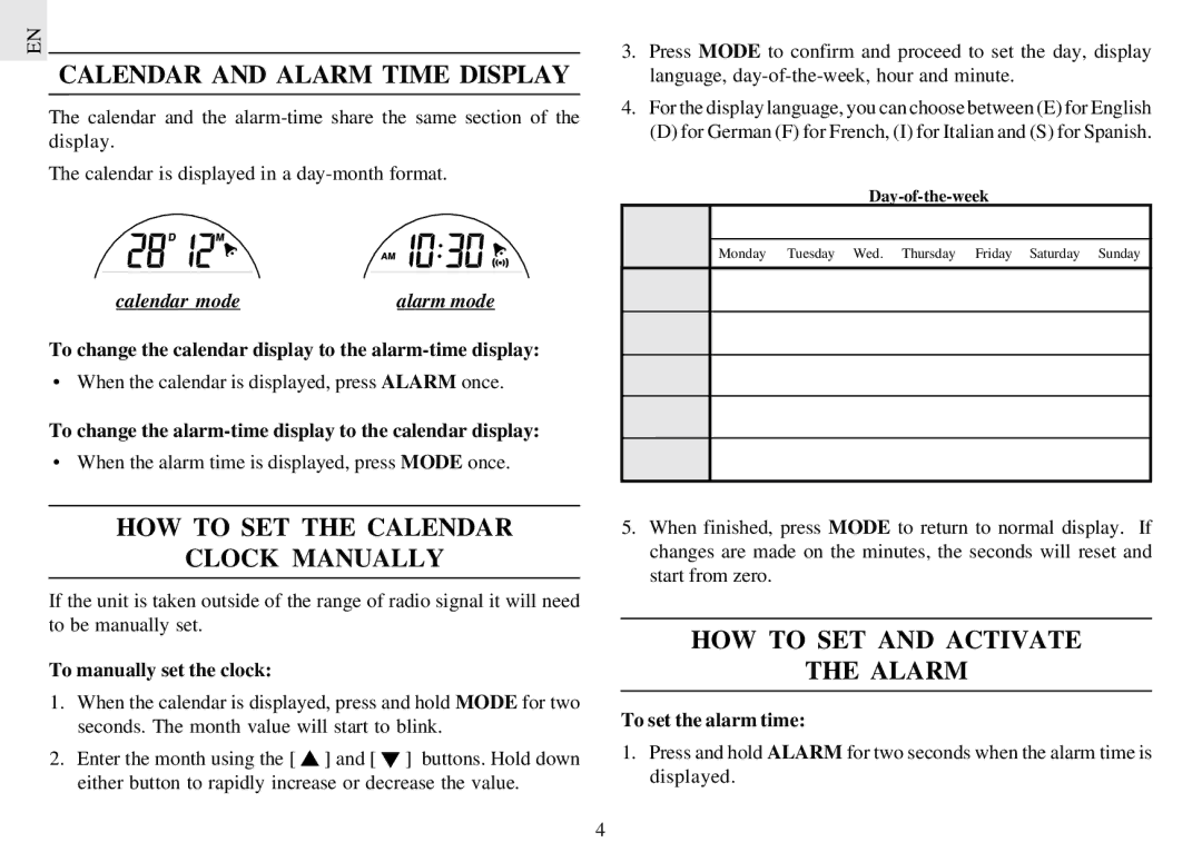 Oregon RM962 Calendar and Alarm Time Display, HOW to SET the Calendar Clock Manually, HOW to SET and Activate Alarm 