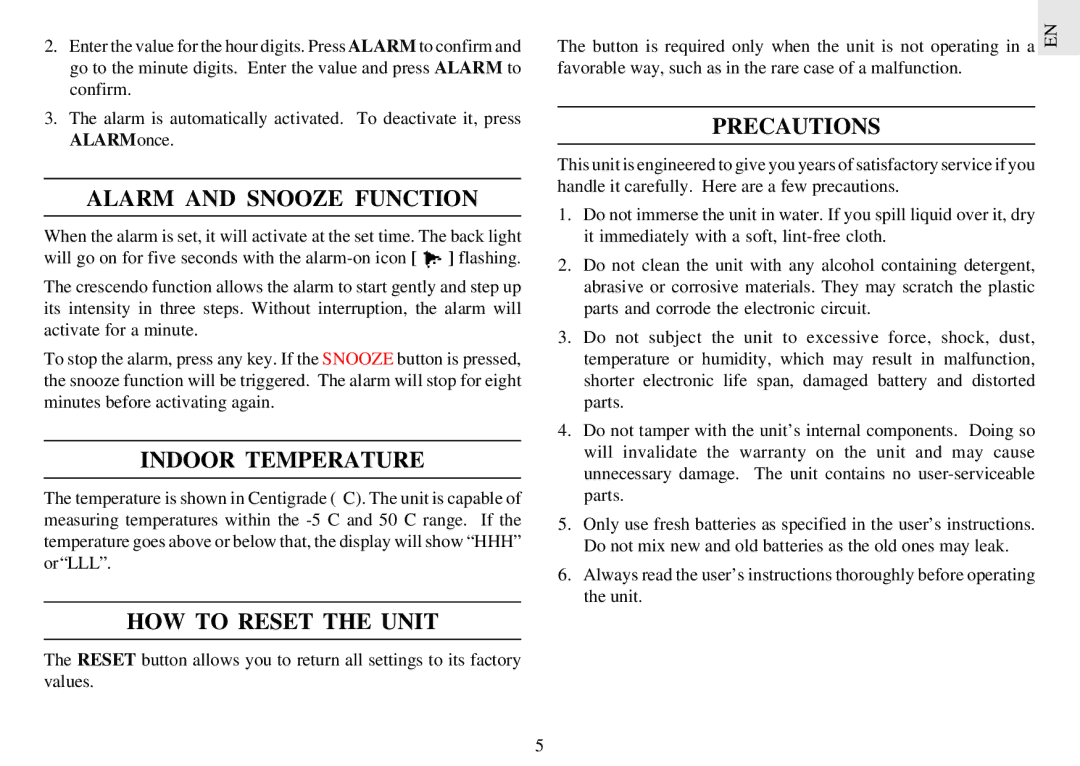 Oregon RM962 instruction manual Alarm and Snooze Function, Indoor Temperature, HOW to Reset the Unit, Precautions 