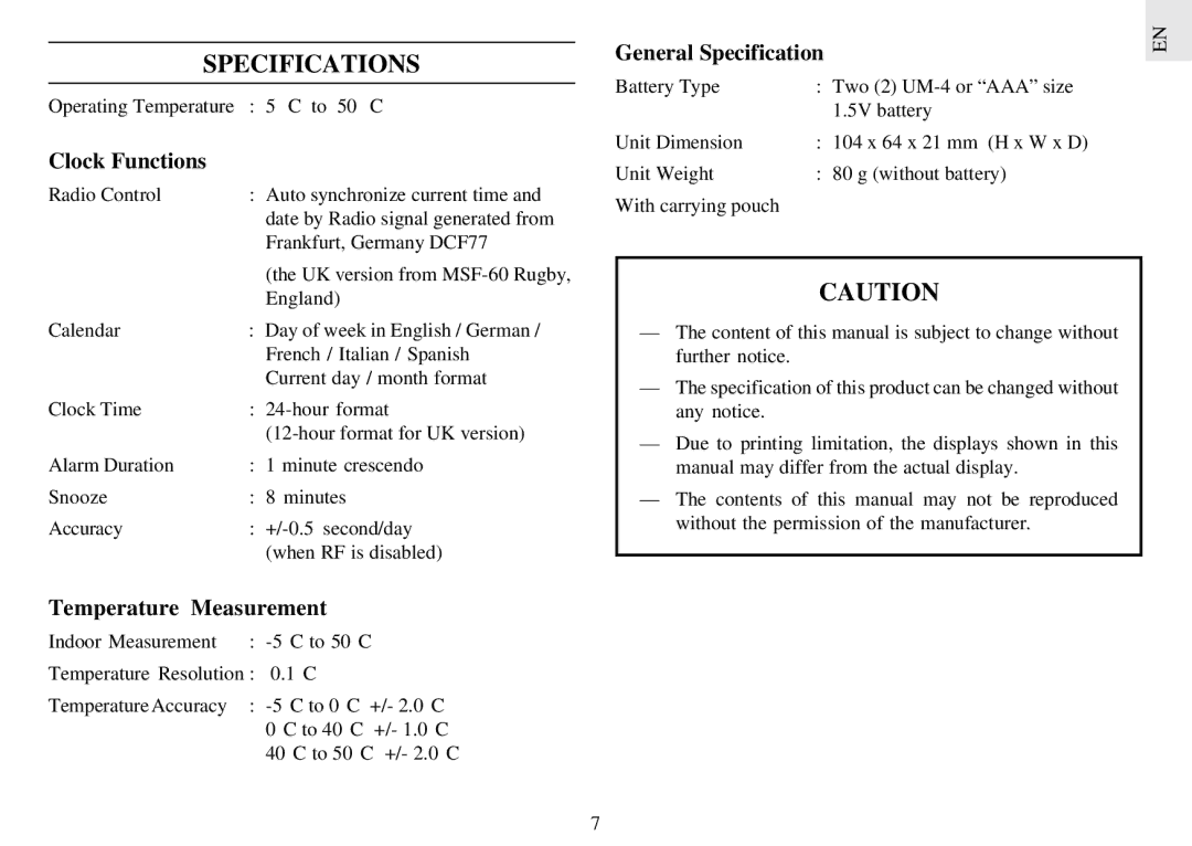 Oregon RM962 instruction manual Specifications, Clock Functions 