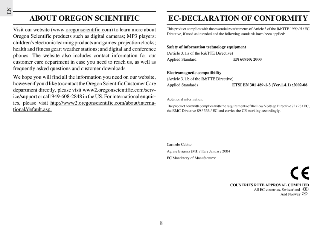 Oregon RM962 instruction manual About Oregon Scientific EC-DECLARATION of Conformity 