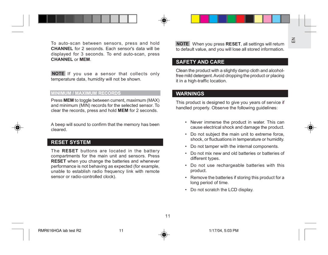 Oregon RMR616HGA user manual Reset System, Safety and Care, Minimum / Maximum Records 