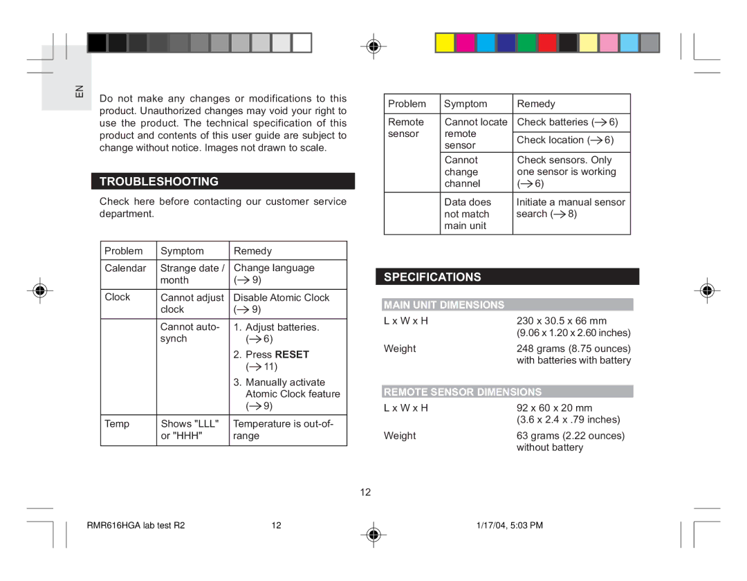 Oregon RMR616HGA user manual Troubleshooting, Specifications, Main Unit Dimensions, Remote Sensor Dimensions 