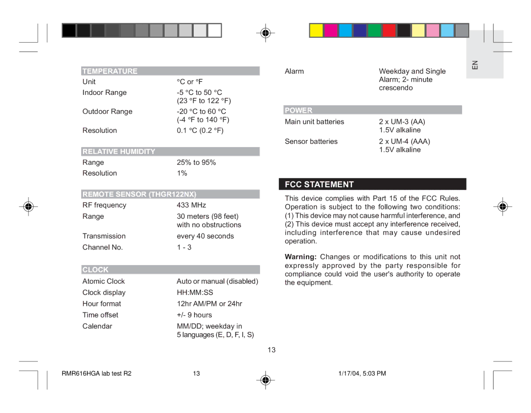 Oregon RMR616HGA user manual FCC Statement, Temperature, Relative Humidity, Clock, Power 