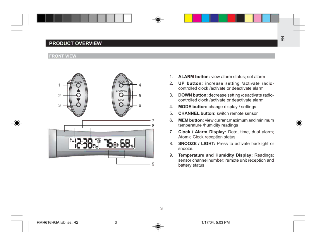 Oregon RMR616HGA user manual Product Overview, Front View 