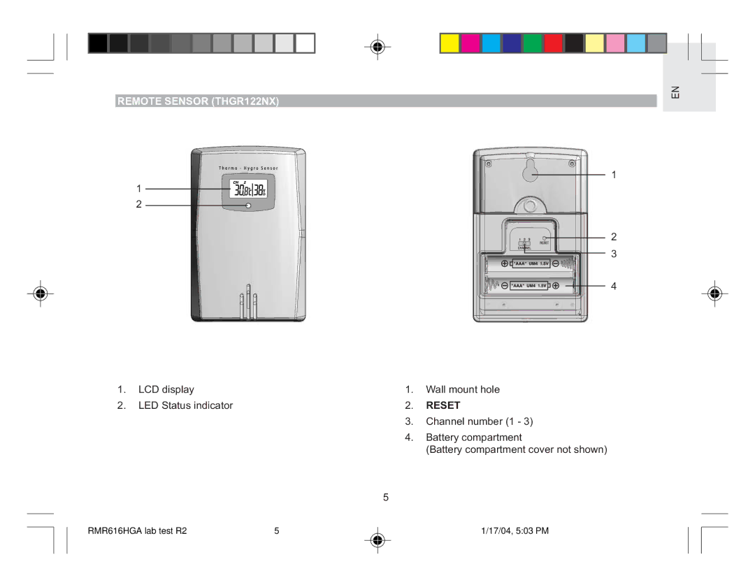 Oregon RMR616HGA user manual Remote Sensor THGR122NX, Reset 