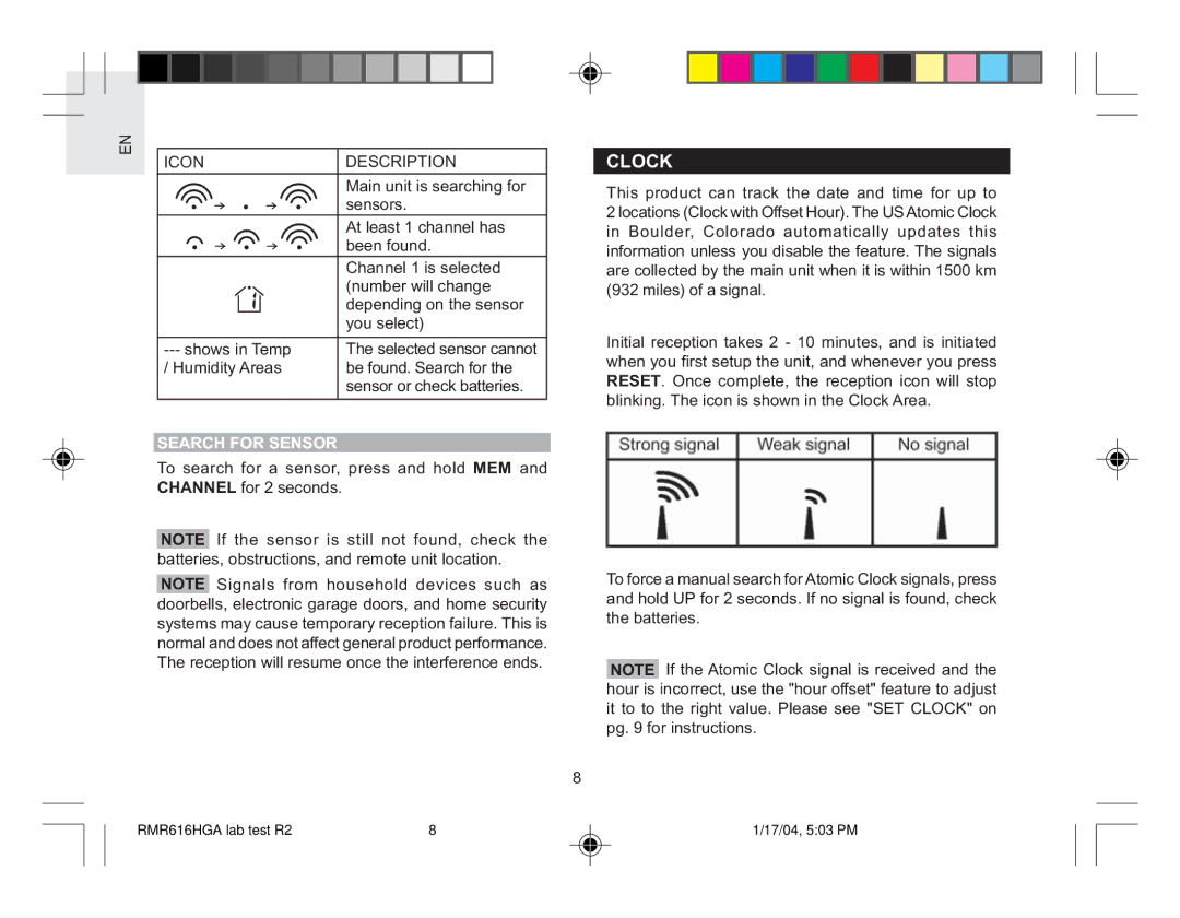 Oregon RMR616HGA user manual Clock, Icon Description, Search for Sensor 