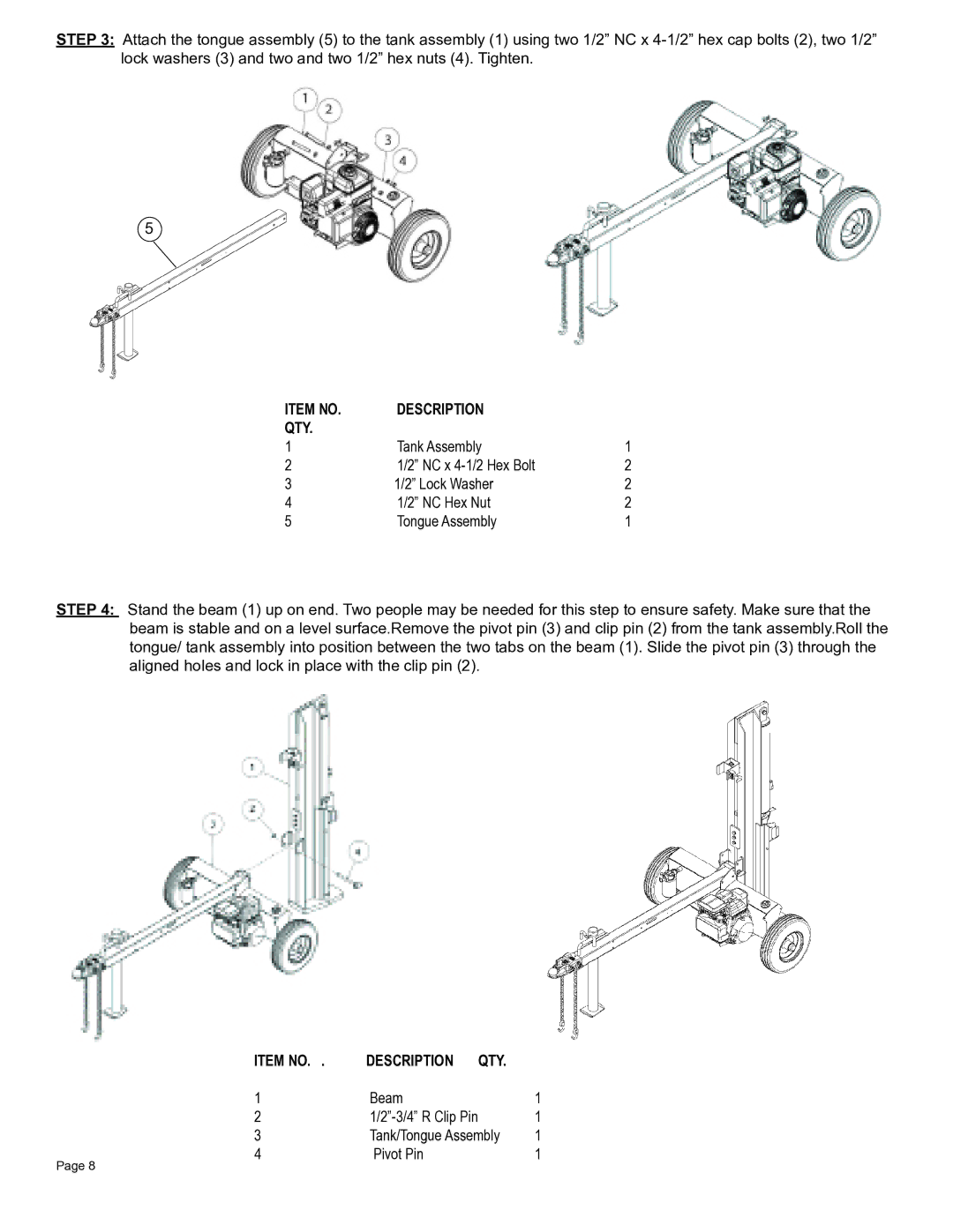 Oregon S402022H0/S402022K0 owner manual Beam 3/4 R Clip Pin Tank/Tongue Assembly Pivot Pin 