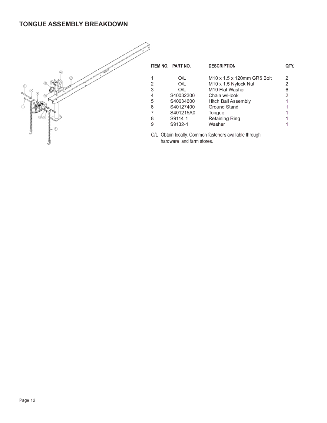 Oregon S402022H0/S402022K0 owner manual Tongue Assembly Breakdown, Item no Description 