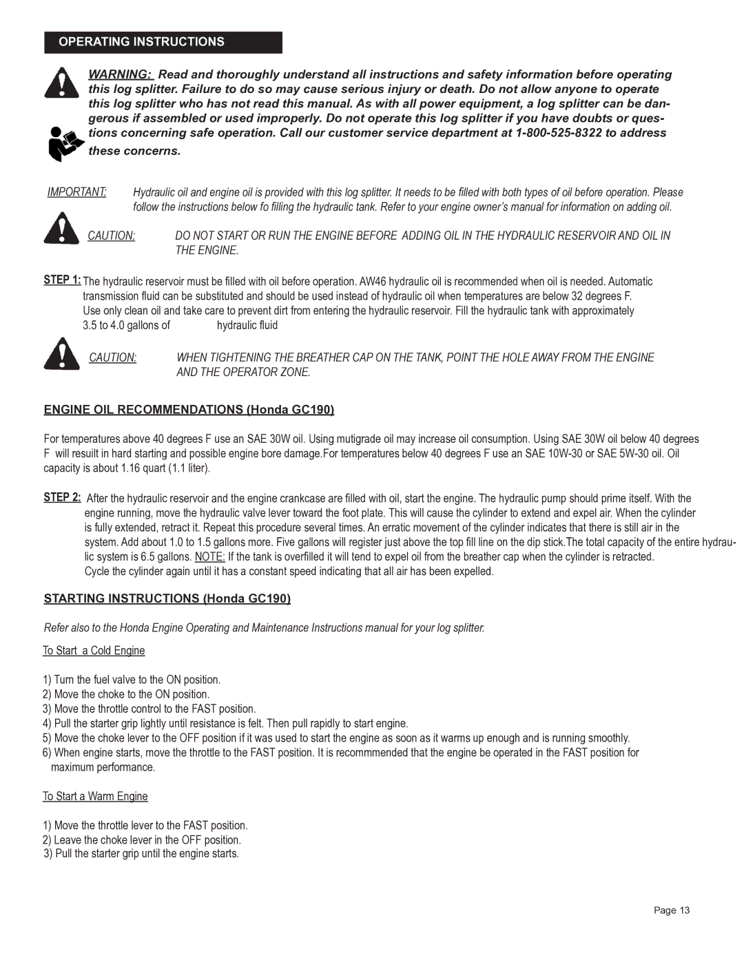 Oregon S402022H0/S402022K0 owner manual Operating Instructions, Engine 