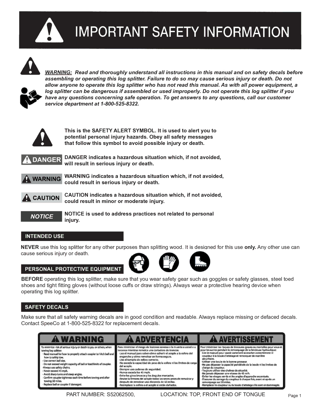 Oregon S402022H0/S402022K0 owner manual Intended USE, Personal Protective Equipment, Safety Decals 