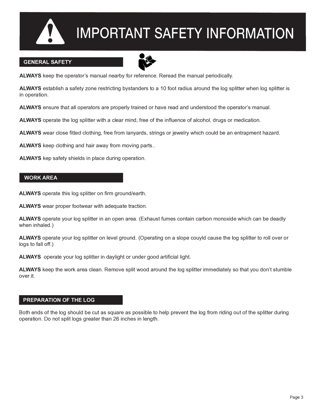 Oregon S402022H0/S402022K0 owner manual General Safety, Work Area, Preparation of the LOG 