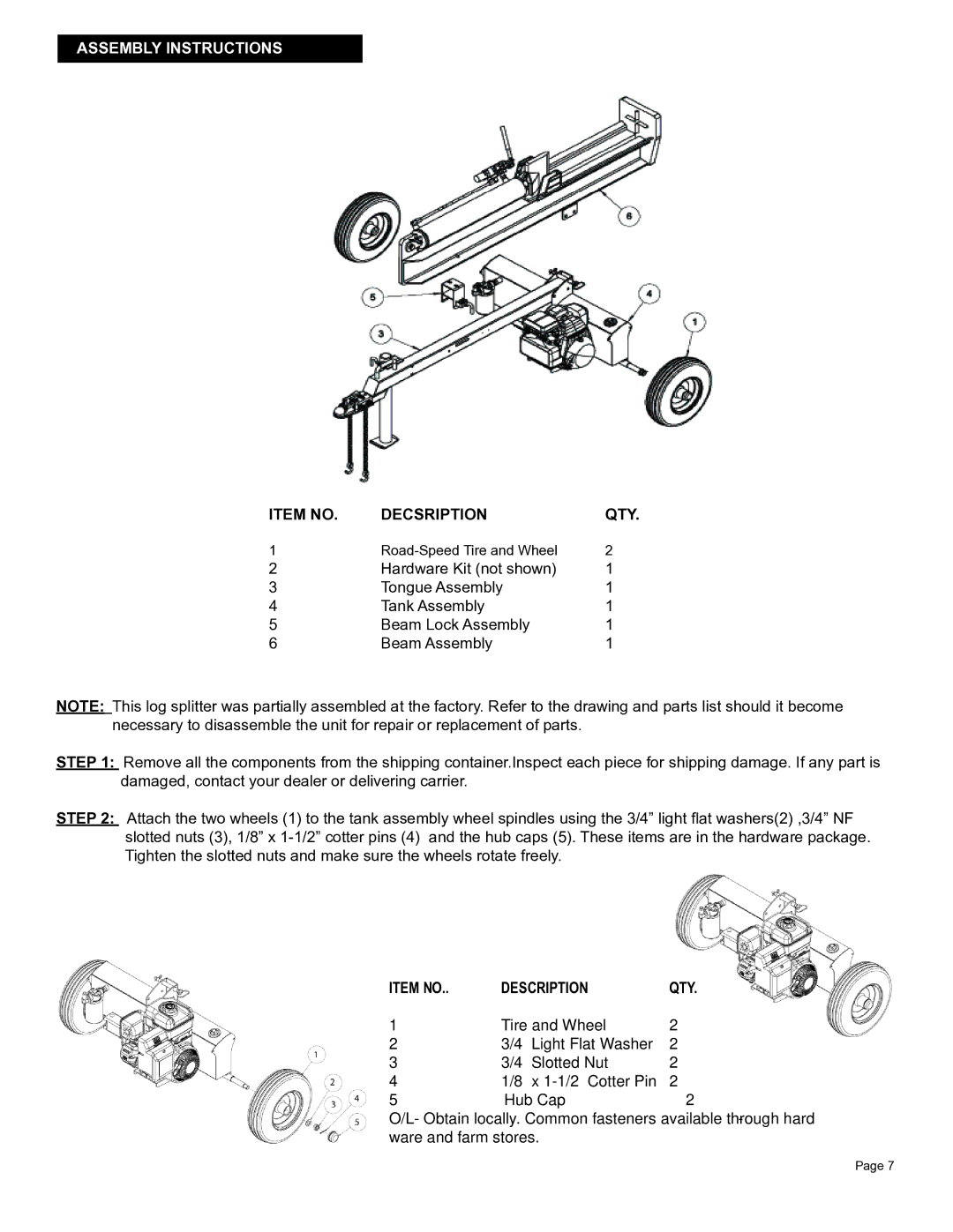 Oregon S402022H0/S402022K0 owner manual Assembly Instructions, Item no Decsription QTY, Item no Description QTY 