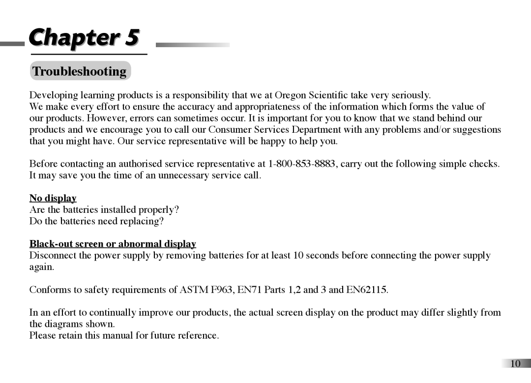 Oregon Scientific 086L004850-017 manual Troubleshooting, No display, Black-out screen or abnormal display 