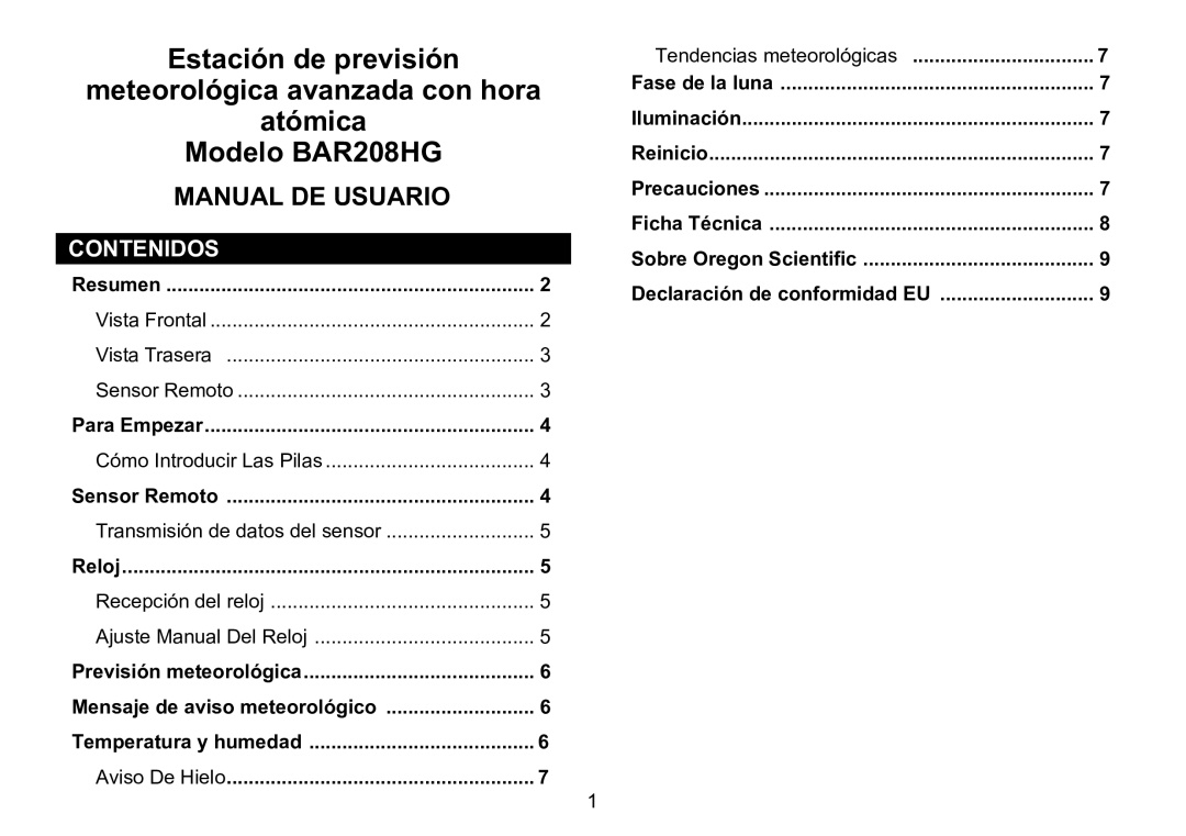 Oregon Scientific 086L005036-017 user manual Manual DE Usuario, Aviso De Hielo Tendencias meteorológicas 