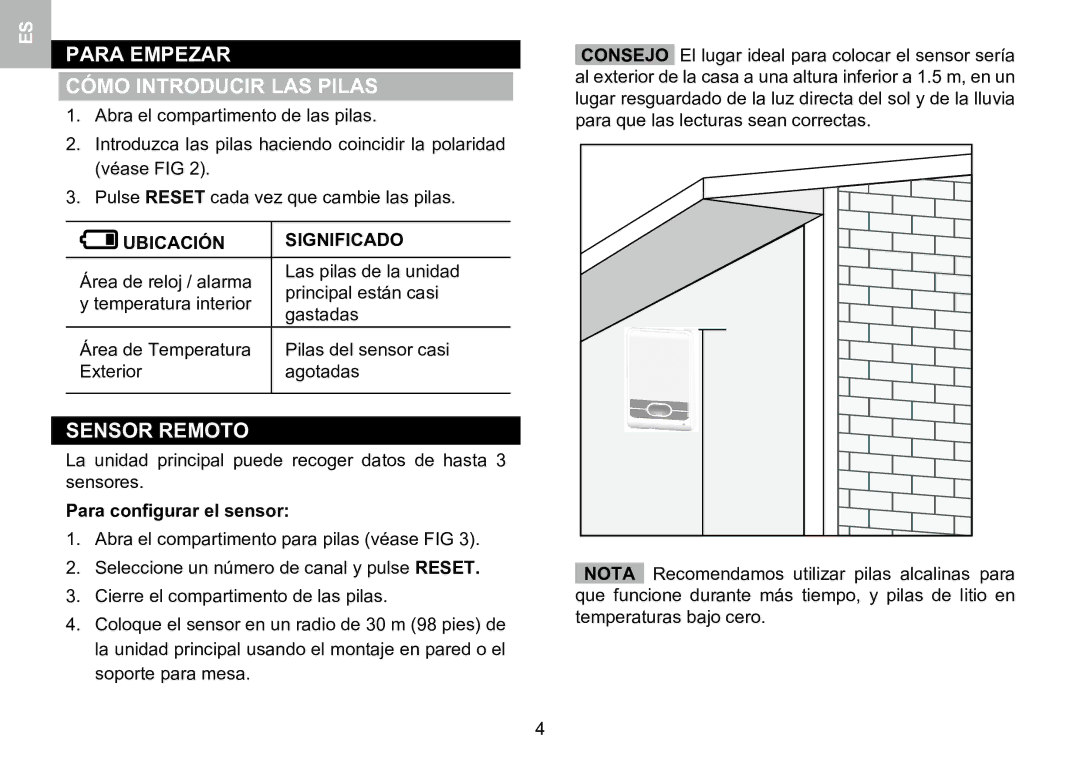 Oregon Scientific 086L005036-017 user manual Para Empezar, Cómo Introducir LAS Pilas, Sensor Remoto, Ubicación Significado 