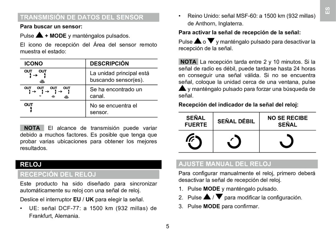 Oregon Scientific 086L005036-017 Transmisión DE Datos DEL Sensor, Reloj Recepción DEL Reloj, Ajuste Manual DEL Reloj 