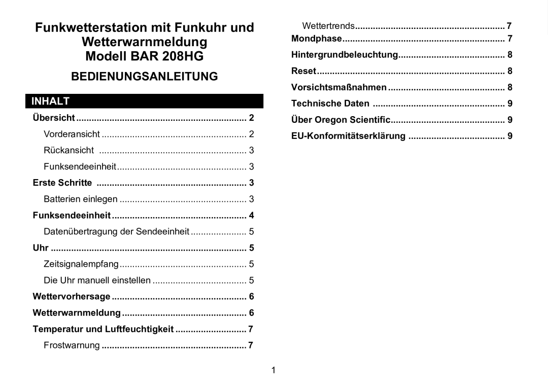 Oregon Scientific 086L005036-017 user manual Inhalt, Temperatur und Luftfeuchtigkeit, Wettertrends 