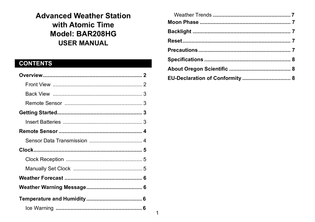 Oregon Scientific 086L005036-017 user manual Advanced Weather Station With Atomic Time Model BAR208HG 