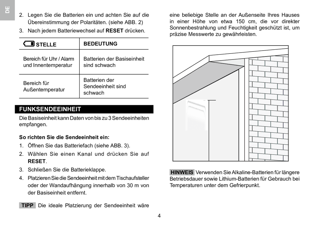 Oregon Scientific 086L005036-017 user manual Funksendeeinheit, Stelle Bedeutung, So richten Sie die Sendeeinheit ein, Reset 