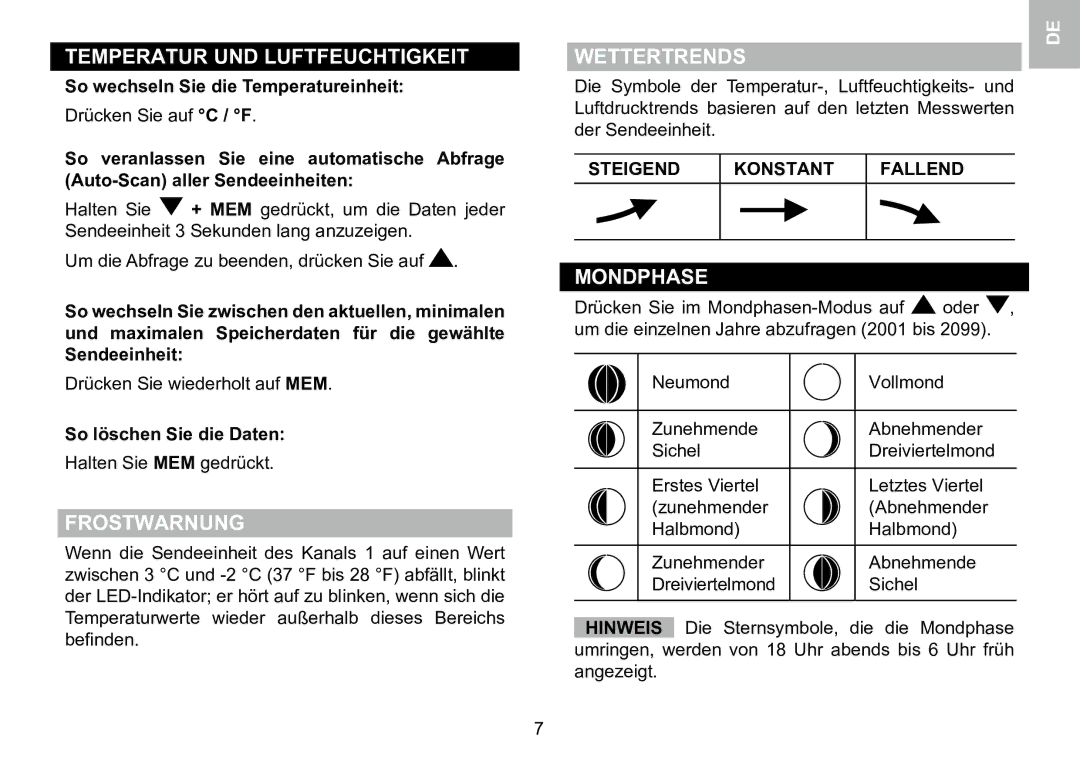 Oregon Scientific 086L005036-017 Temperatur UND Luftfeuchtigkeit, Frostwarnung, Mondphase, Steigend Konstant Fallend 