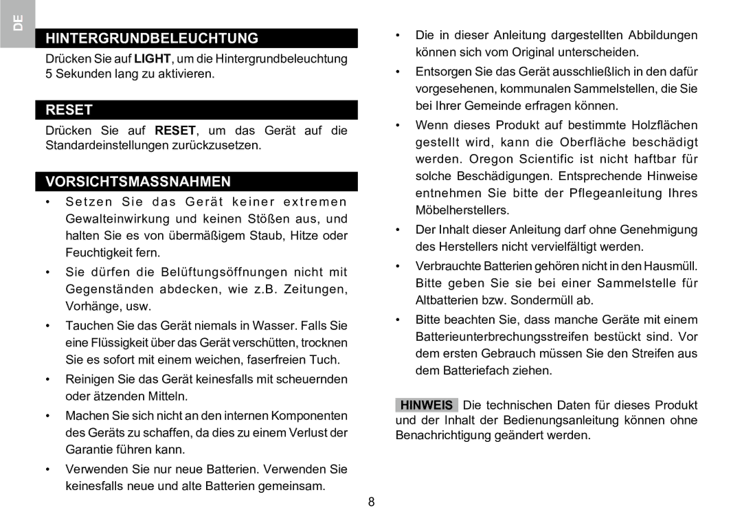 Oregon Scientific 086L005036-017 user manual Hintergrundbeleuchtung, Vorsichtsmassnahmen 