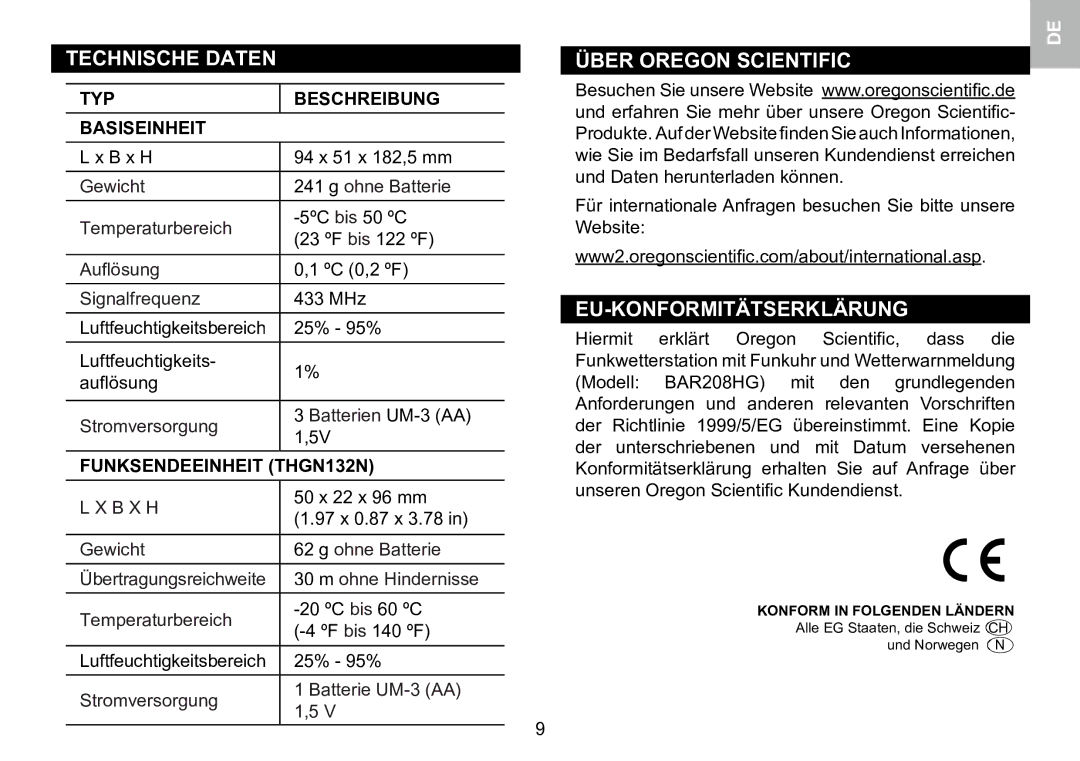 Oregon Scientific 086L005036-017 user manual Technische Daten, Über Oregon Scientific, Eu-Konformitätserklärung 