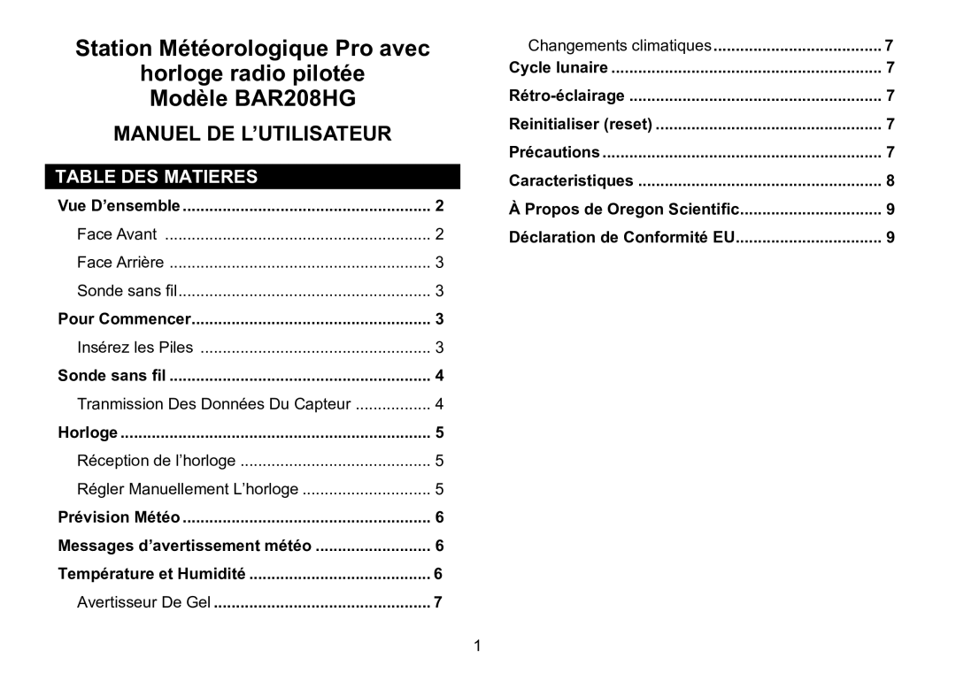 Oregon Scientific 086L005036-017 user manual Table DES Matieres, Avertisseur De Gel Changements climatiques 