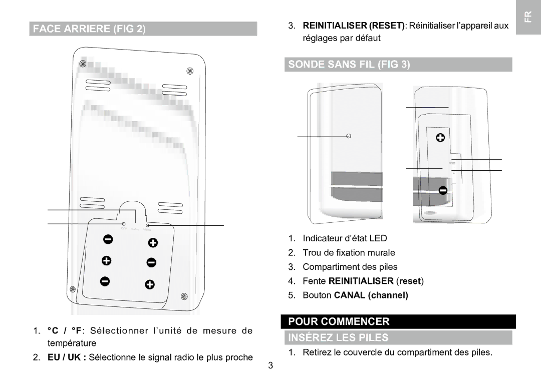 Oregon Scientific 086L005036-017 user manual Face Arriere FIG, Sonde Sans FIL FIG, Pour Commencer Insérez LES Piles 