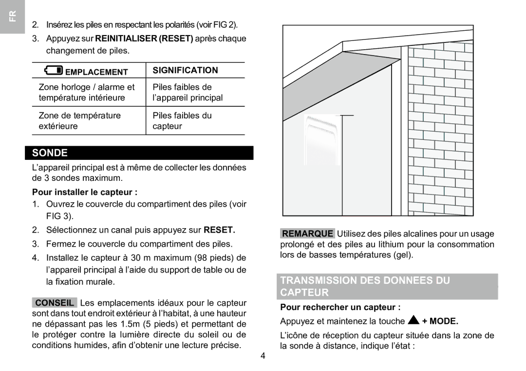 Oregon Scientific 086L005036-017 user manual Transmission DES Donnees DU Capteur, Signification, Pour installer le capteur 