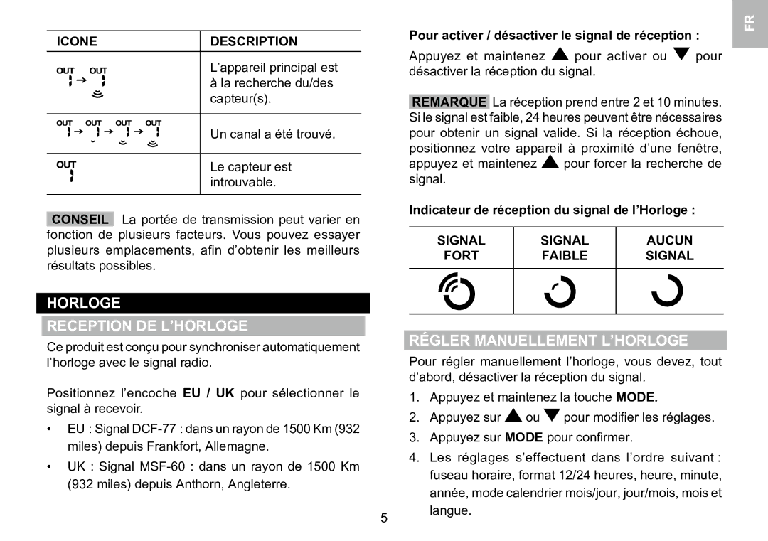Oregon Scientific 086L005036-017 Horloge Reception DE L’HORLOGE, Régler Manuellement L’HORLOGE, Icone Description 