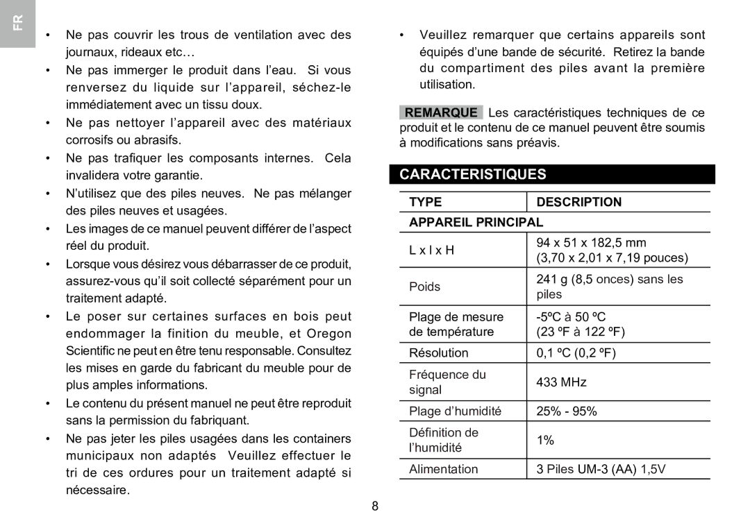 Oregon Scientific 086L005036-017 user manual Caracteristiques, Type Description Appareil Principal 