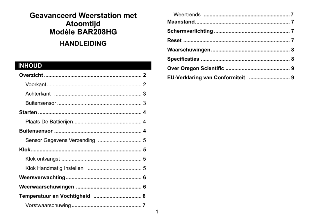 Oregon Scientific 086L005036-017 user manual Inhoud, Vorstwaarschuwing Weertrends 