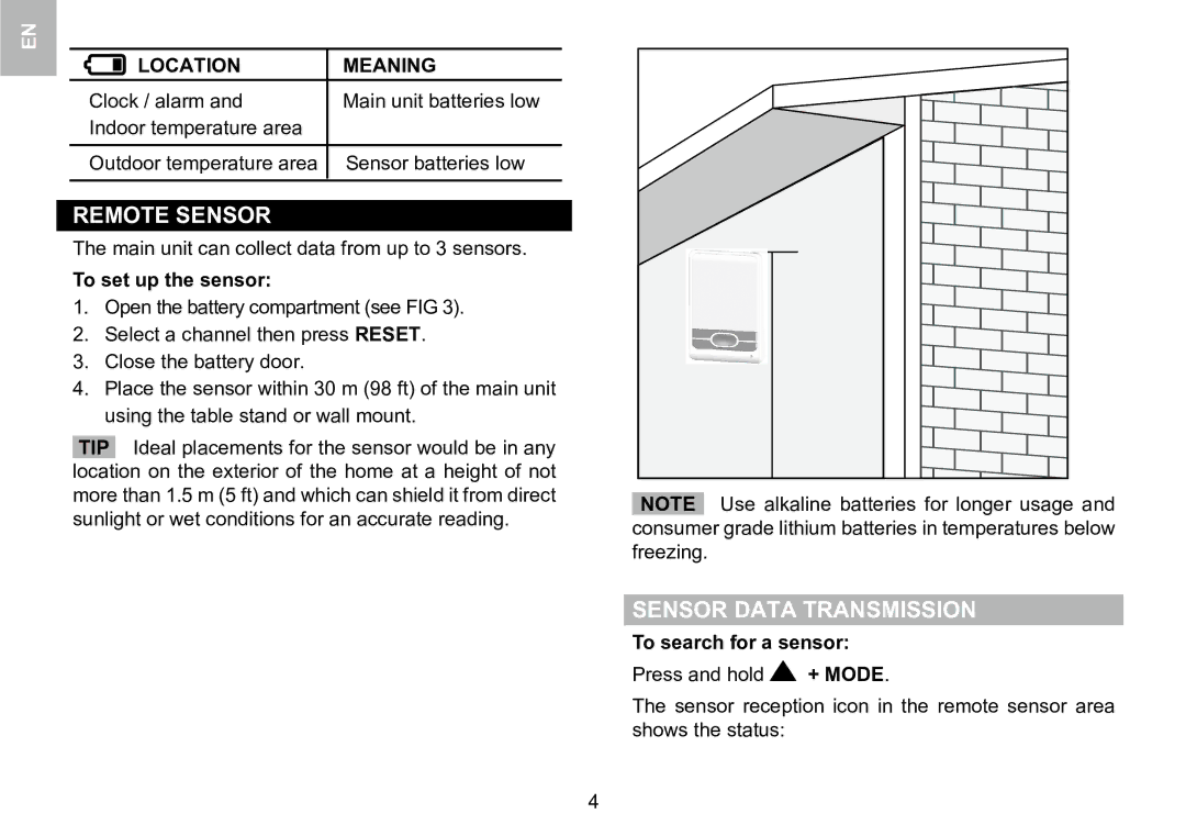 Oregon Scientific 086L005036-017 Remote Sensor, Sensor Data Transmission, Location Meaning, To set up the sensor 