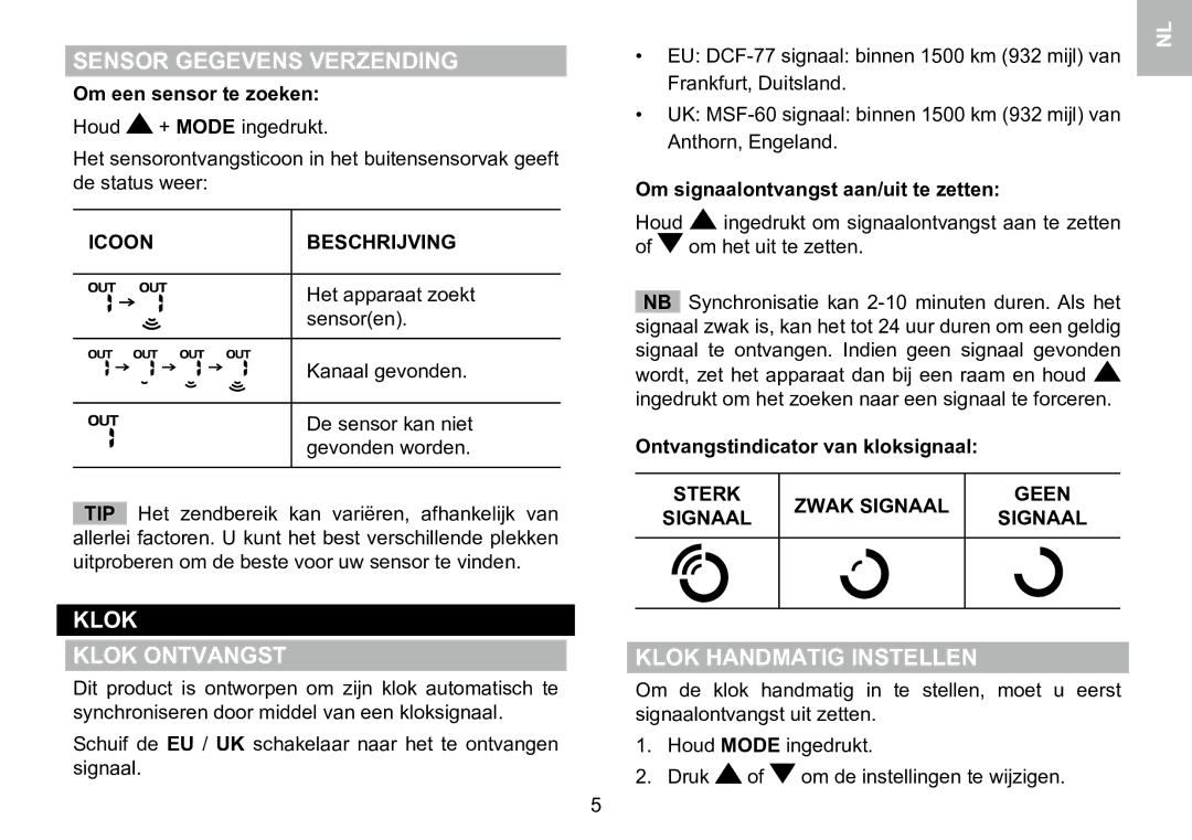 Oregon Scientific 086L005036-017 user manual Sensor Gegevens Verzending, Klok Klok Ontvangst, Klok Handmatig Instellen 