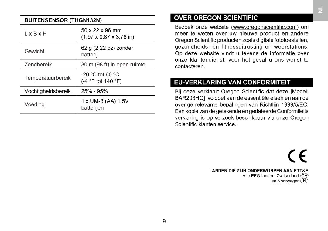 Oregon Scientific 086L005036-017 user manual Over Oregon Scientific EU-VERKLARING VAN Conformiteit, Buitensensor THGN132N 