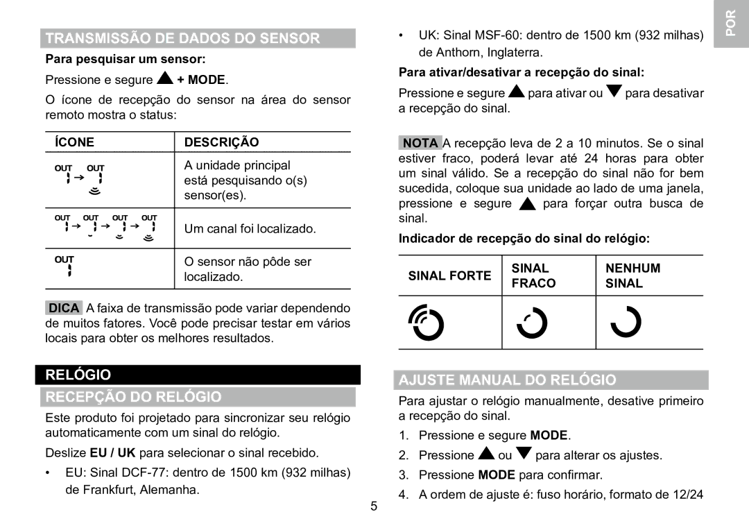 Oregon Scientific 086L005036-017 Transmissão DE Dados do Sensor, Relógio Recepção do Relógio, Ajuste Manual do Relógio 