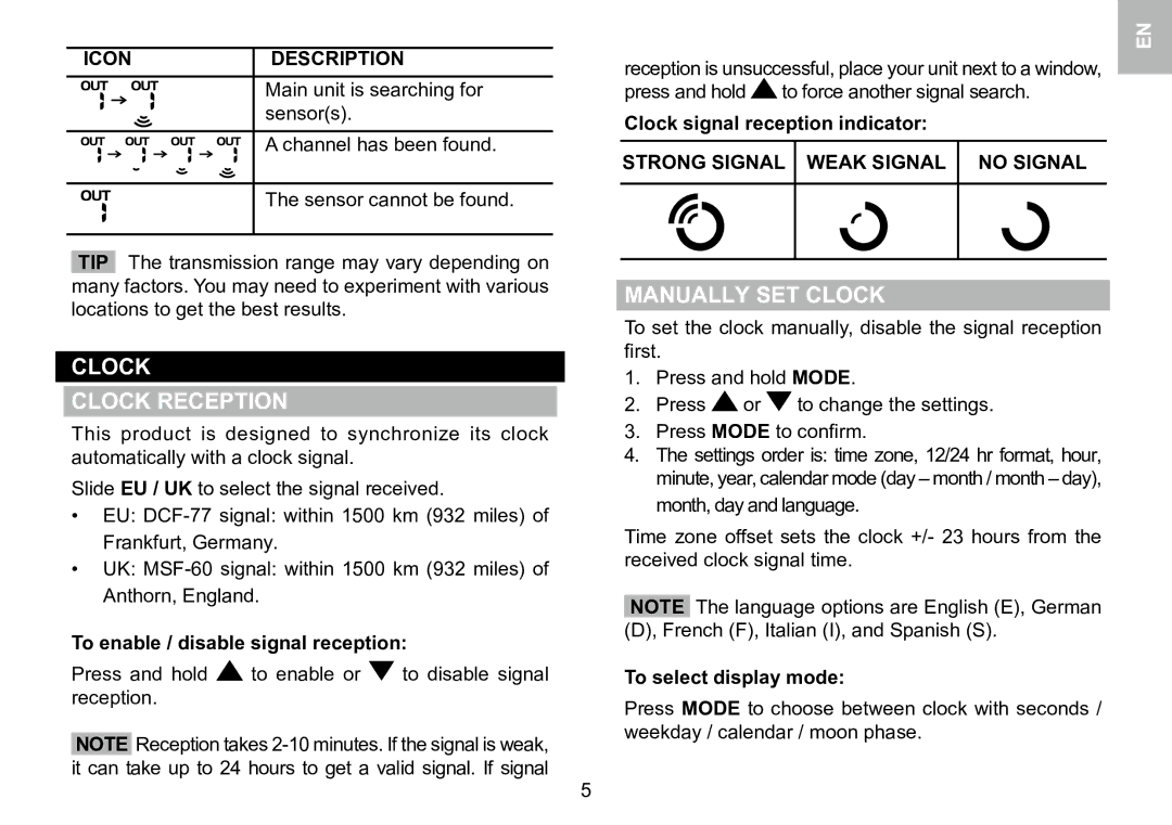 Oregon Scientific 086L005036-017 user manual Clock Clock Reception, Manually SET Clock, Icon Description 