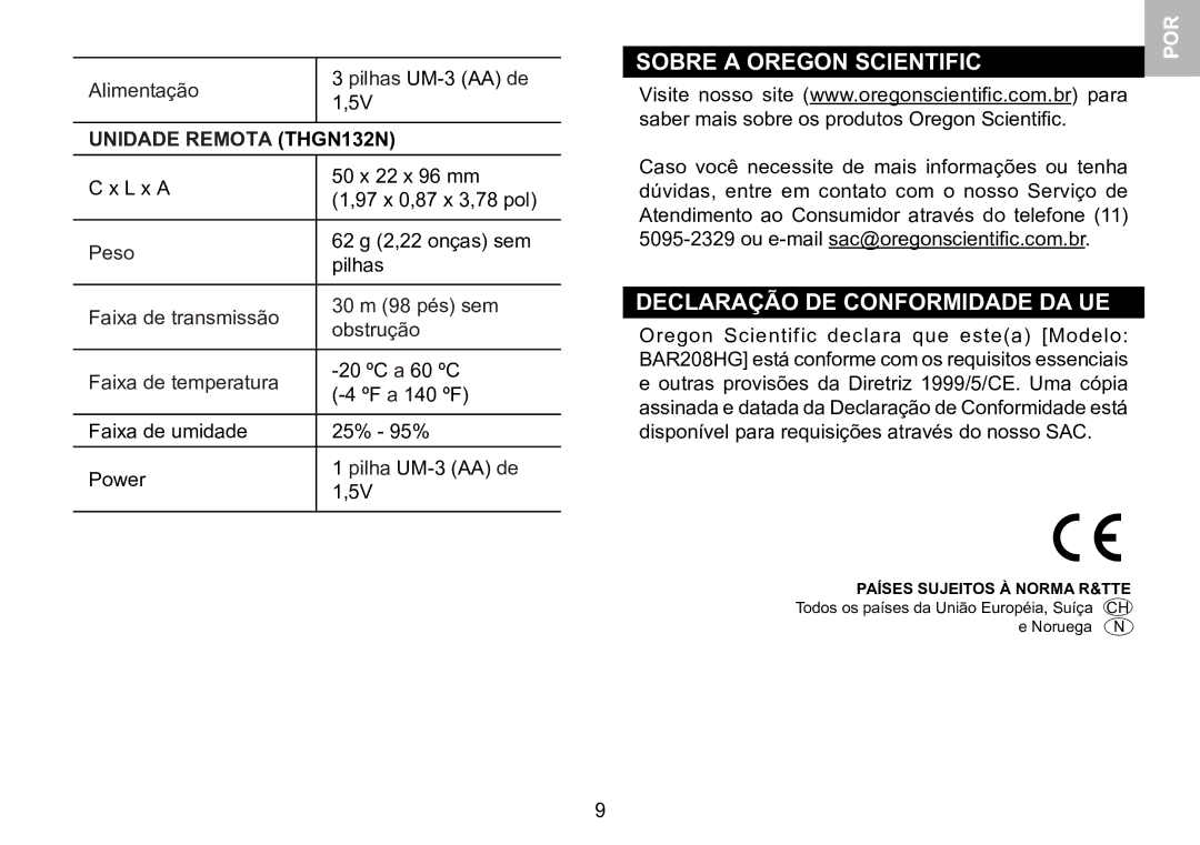 Oregon Scientific 086L005036-017 user manual Sobre a Oregon Scientific, Declaração DE Conformidade DA UE 