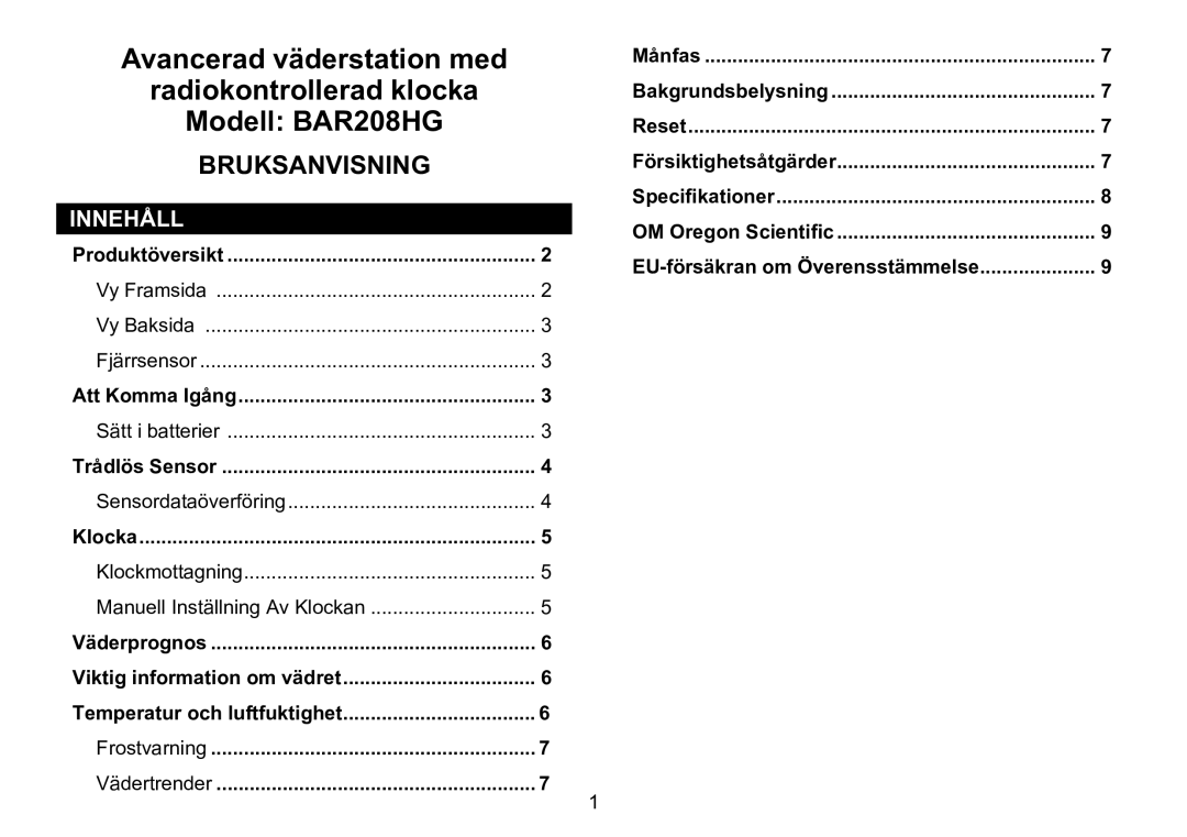 Oregon Scientific 086L005036-017 user manual Innehåll, Frostvarning Vädertrender 