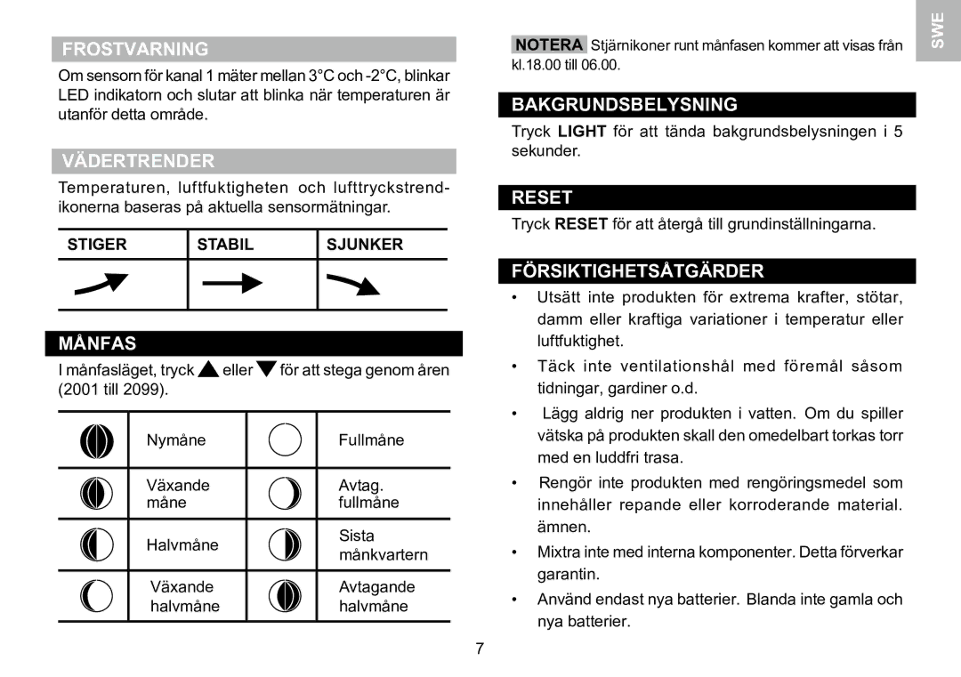 Oregon Scientific 086L005036-017 user manual Frostvarning, Stiger Stabil Sjunker 