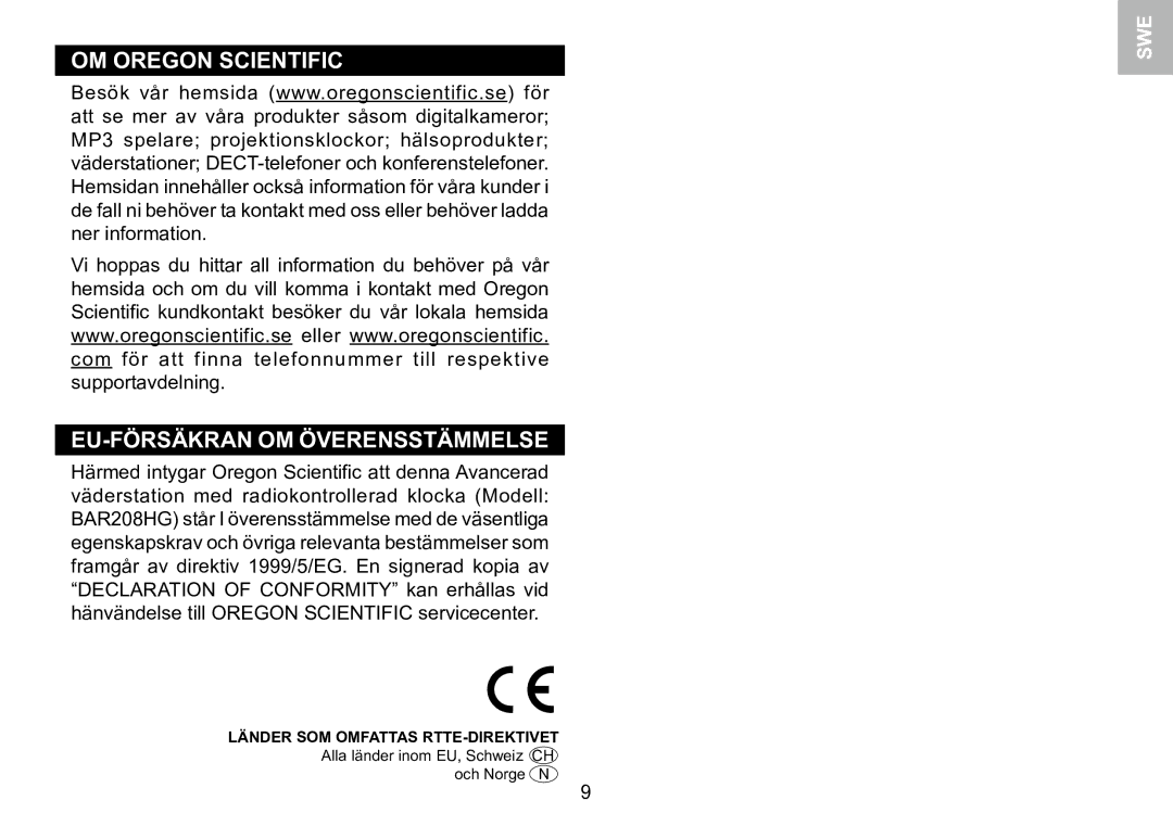 Oregon Scientific 086L005036-017 user manual OM Oregon Scientific EU-FÖRSÄKRAN OM Överensstämmelse 