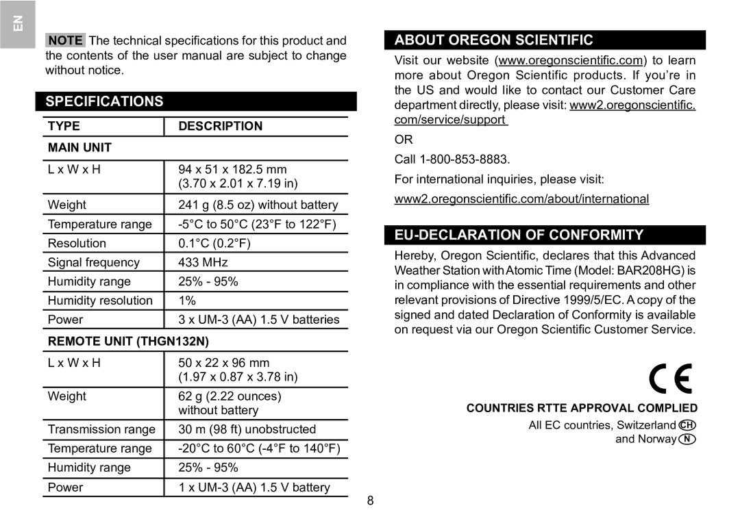 Oregon Scientific 086L005036-017 user manual Specifications, About Oregon Scientific, EU-DECLARATION of Conformity 