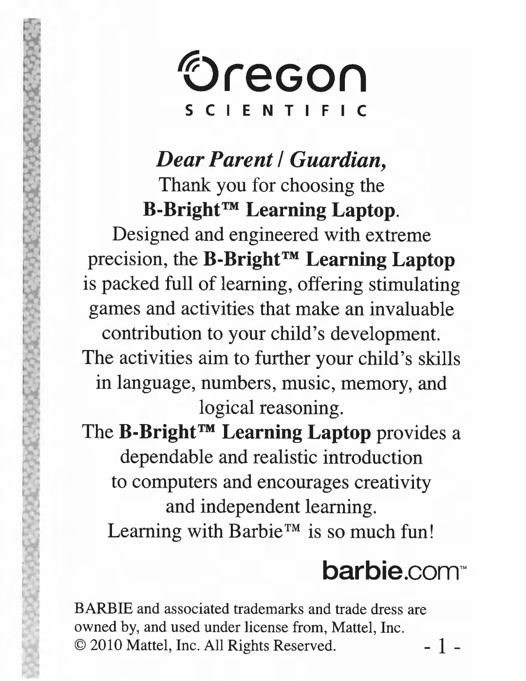 Oregon Scientific 300102544-00001-10, Barbie B-Brite Learning Laptop manual 