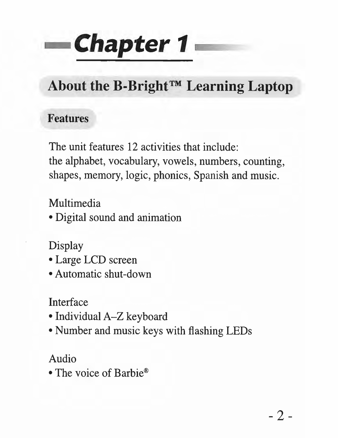 Oregon Scientific Barbie B-Brite Learning Laptop, 300102544-00001-10 manual 