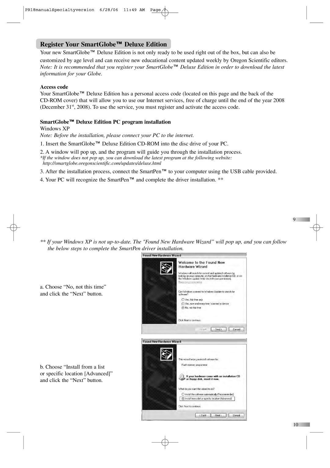 Oregon Scientific AC/DC Adapter manual Register Your SmartGlobe Deluxe Edition, Access code 