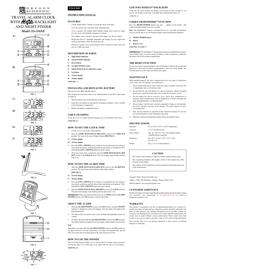 Oregon Scientific AS-316NE specifications Features, Description of Parts, Installing and Replacing Battery, Table Standing 