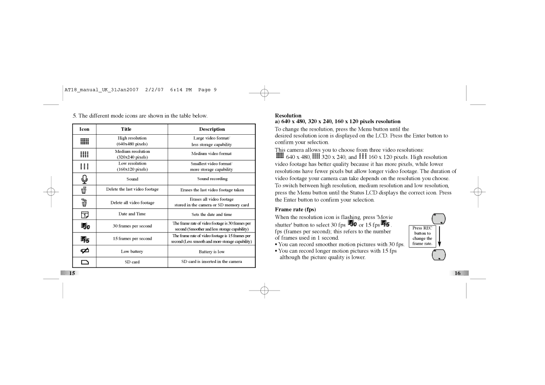 Oregon Scientific atc-2k manual Resolution 640 x 480, 320 x 240, 160 x 120 pixels resolution, Frame rate fps 