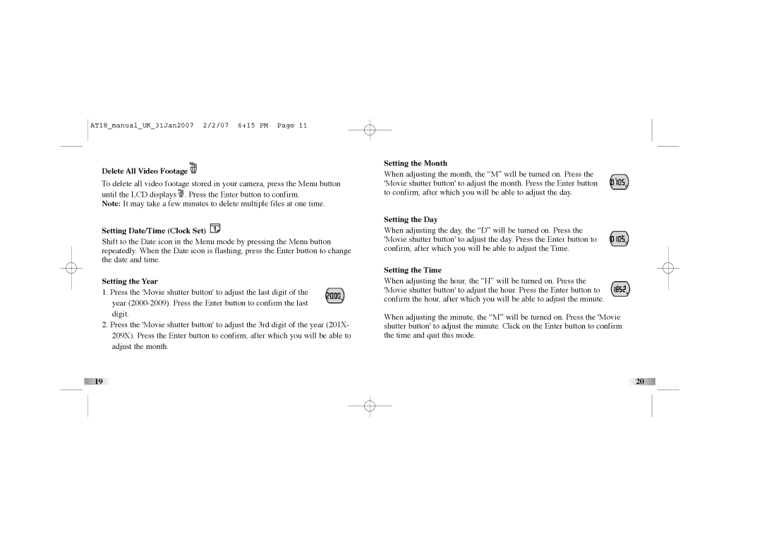Oregon Scientific atc-2k manual Delete All Video Footage, Setting Date/Time Clock Set, Setting the Year, Setting the Month 