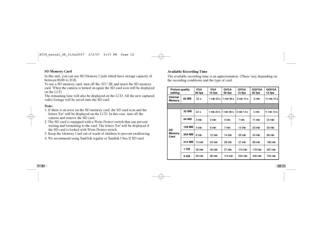 Oregon Scientific atc-2k manual SD Memory Card, Available Recording Time 